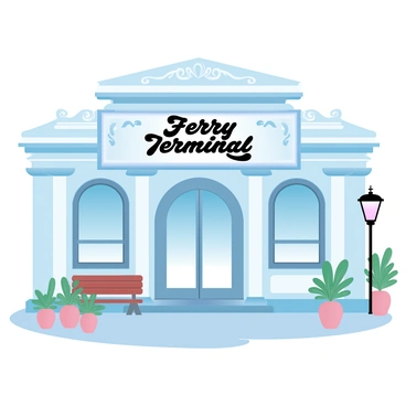 A vintage-style ferry terminal features classic architecture with tall columns and ornate detailing on the façade. The building is adorned with old-fashioned signage that reads "Ferry Terminal" in elegant script. Large arched windows line the sides of the terminal, allowing light to filter through. A wooden bench is placed in front of the terminal, and a vintage lamppost stands nearby, casting a warm glow. Potted plants are arranged along the pathway leading to the entrance, adding a touch of greenery to the scene.