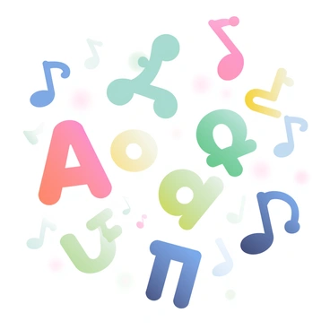 Musical notes shaped like letters from various languages are gently floating in the air. The notes vary in size and color, creating a vibrant display. Among them, there are notes resembling the letter "A" from the English alphabet, the letter "ع" from Arabic, and the letter "Ж" from Cyrillic. The background features a soft gradient that transitions from light blue to pastel pink, enhancing the ethereal feel of the scene. Some notes have a soft glow, while others appear more opaque, adding depth to the overall composition.