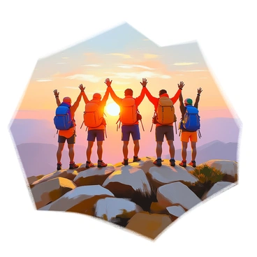 A group of hikers, wearing brightly colored outdoor gear, stands triumphantly at the summit of Mont Ventoux. The sun is just beginning to rise, casting warm golden light across the landscape. The hikers are silhouetted against the sky, with their arms raised in celebration. In the background, the rugged terrain of Mont Ventoux is visible, with rocky outcrops and patches of green vegetation. The horizon is painted in soft hues of orange and pink as the sun emerges, creating a breathtaking view of the awakening day.