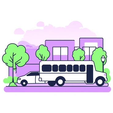 A white school bus is leaving a school parking lot. The bus is in motion, with its headlights illuminated, casting light onto the asphalt. The school building is visible in the background, featuring large windows and a prominent entrance. Several trees line the edge of the parking lot, their silhouettes contrasting against the sky. The sky is a gradient of colors, with hints of light transitioning into darker shades as night approaches. A few clouds are present, reflecting the remaining light. The parking lot is partially filled with parked cars, and a lamppost stands to the side, adding to the evening atmosphere.