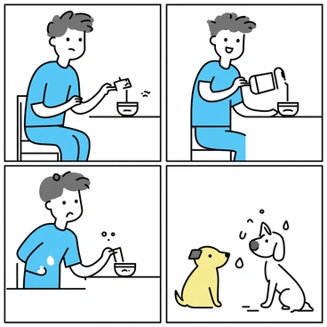 A four-panel comic strip illustrating an everyday life scene. In the first panel, a man in a blue shirt and jeans is sitting at a kitchen table, holding a spoon and staring at a bowl of cereal with a puzzled expression. In the second panel, the man is pouring a generous amount of milk into the bowl, with a surprised look on his face as the milk splashes out. The third panel shows the man looking frustrated as he tries to clean up the spilled milk with a paper towel, which is also spilling over the edge of the table. In the final panel, the man, now covered in droplets of milk, is smiling at his dog, who is eagerly licking up the spilled milk on the floor.