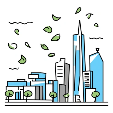 A cityscape featuring towering skyscrapers against a gray sky. The buildings are made of glass and metal, reflecting the ambient light. Numerous green leaves are swirling in the air, carried by strong winds. The leaves are caught in a dynamic motion, some close to the ground and others higher up, creating a sense of movement throughout the scene. The streets below are empty, emphasizing the impact of the wind in the urban environment.