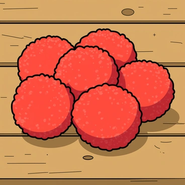 A cluster of ripe lychees with vibrant red skin, showcasing their bumpy, textured surface. The lychees are positioned together, some partially overlapping to reveal their round shapes. They are sitting on a rustic wooden table, which has visible grains and knots adding to its character. Soft shadows cast beneath the fruits enhance the three-dimensional effect, while the natural light highlights the glossy sheen on the lychees' skin.