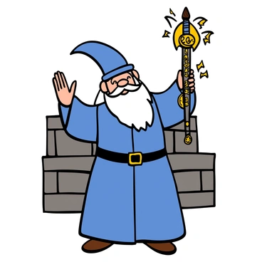 A wise wizard with long white hair and a thick beard is casting a spell, standing in a dynamic pose. He is wearing a deep blue robe adorned with gold embroidery and holding an ornate sword with intricate designs and glowing runes in his right hand. His left hand is raised, with mystical energy swirling around his fingers, illuminating his focused expression. The background features a hint of ancient stone structures, providing a magical ambiance.