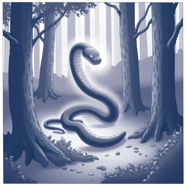 A snake Patronus emitting a soft glow as it moves gracefully through a dense forest. The snake's body is elongated and sleek, with intricate patterns along its scales. Tall trees with thick trunks surround the snake, their branches forming a canopy above. The ground is covered with lush foliage and scattered leaves, creating a sense of an enchanted atmosphere. The darkness of the forest contrasts with the luminous trail left by the Patronus as it navigates through the undergrowth.
