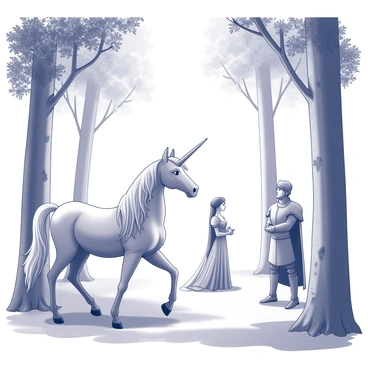 A majestic unicorn is standing gracefully in a tranquil forest, its long mane flowing and its spiral horn glistening. The surrounding trees are tall and lush, with detailed bark textures and leafy canopies. In the background, a prince and princess are positioned at a respectful distance, both dressed in elaborate medieval attire, gazing in awe at the unicorn. The prince stands with his hand resting on the hilt of his sword, while the princess has her hands clasped together, both figures framed by the natural beauty of the forest. Sunlight filters through the leaves, casting dappled shadows on the forest floor.