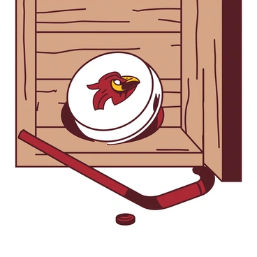 A hockey puck featuring a vibrant team logo on a wooden shelf