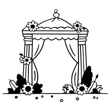 A mandap structure with ornate pillars, draped with intricate fabric. "Sunflowers" are arranged in clusters, placed on the pillars and along the edges of the mandap. There are lush green leaves and decorative items scattered around the base. Additional floral elements complement the sunflowers, adding to the overall decoration of the scene.
