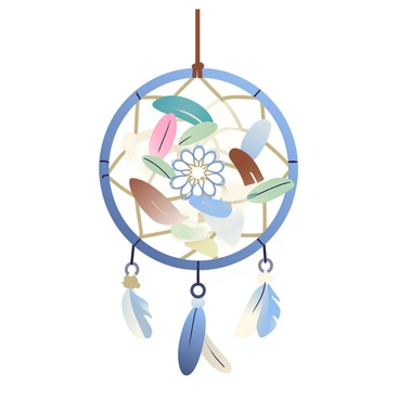 A dreamcatcher hangs from a thin brown rope, its circular frame woven with a mix of delicate feathers and small metallic cogs. The feathers display various colors, including soft blues, rich browns, and vibrant whites, gently swaying in the breeze. The cogs are arranged symmetrically throughout the dreamcatcher, their silver and bronze tones contrasting with the softness of the feathers. Below the frame, additional smaller feathers dangle, creating movement and texture. The background is softly blurred, highlighting the intricate details of the dreamcatcher.