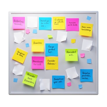 A wall covered with colorful sticky notes and flashcards. Each sticky note has handwritten key revision points in various colors. The flashcards display reminders with clear, bold text. Some notes are arranged in a grid pattern, while others are randomly placed for a chaotic effect. The wall itself is painted in a neutral color that contrasts with the vibrant notes. A few notes are slightly crumpled, adding texture to the scene.