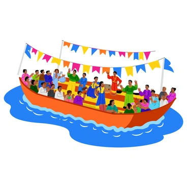 A vibrant barge filled with locals gathered to enjoy a cultural performance. The barge is decorated with colorful banners and flags, creating a festive atmosphere. People of various ages are seated on the sides, some clapping and others capturing the moment with their smartphones. In the center, performers are dressed in traditional clothing, showcasing dances and music that reflect the culture. Brightly colored instruments are visible, enhancing the energy of the scene. The water surrounding the barge sparkles under the sunlight, adding to the lively ambiance of the community event.