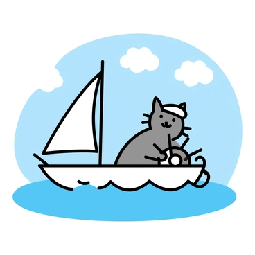 A cat with gray fur, wearing a white sailor's cap, is standing at the helm of a small sailboat. The sailboat is white with blue accents, and its sail is billowing in the gentle breeze. The sea is calm, with soft waves reflecting the sunlight. In the background, a clear blue sky stretches, with a few fluffy white clouds. The cat is focused on steering the boat, its paws resting on the wheel, creating a whimsical scene.