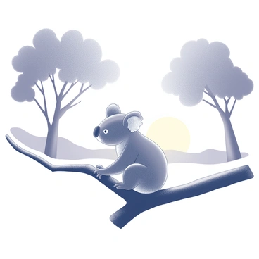 A silhouette of a koala sitting on a branch. The koala is positioned comfortably, with its ears distinctly prominent against the outline of its body. The branch is thick and sturdy, extending horizontally, supporting the koala's weight. In the background, large trees frame the scene, their shapes also appearing as silhouettes. The setting sun is positioned low on the horizon, creating an expansive backdrop, with a distinct outline of the sun just reaching the tree line. The atmosphere is calm and tranquil, emphasizing the peacefulness of the scene.