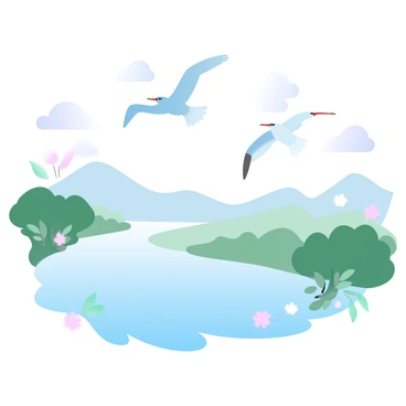 A flock of birds is taking flight above calm waters of the Congo River. The birds are various species, their wings spread wide as they soar into the sky. The river reflects the soft colors of the sky, creating a gradient of pastel shades on the water's surface. Lush green vegetation lines the riverbanks, with hints of colorful flowers peeking through. In the background, gentle hills rise, adding depth to the scene.