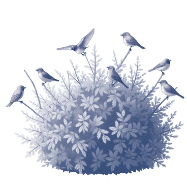 A flock of songbirds perched on the branches of a thick hedge. The birds are engaging with one another, some are hopping from branch to branch, while others are singing and flapping their wings. The hedge is dense and bushy, filled with a variety of leaves and twigs. The scene captures the lively movement and interaction of the birds as they play among the foliage.