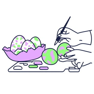 A close-up view of two hands delicately painting intricate designs on a collection of Easter eggs. The hands are positioned over a white surface, with one hand holding a small brush dipped in paint. The Easter eggs display various patterns, including floral motifs and geometric shapes, in vibrant colors. Beside the eggs, there is a palette containing different shades of paint, with a few open containers. The background is softly blurred, focusing attention on the meticulous work being done on the eggs.