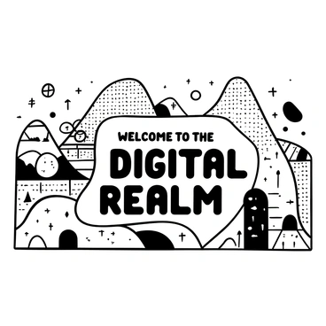 A landscape filled with numerous pixelated geometric shapes in various sizes and orientations. The shapes are arranged to form rolling hills and abstract structures, creating a dynamic composition. Some shapes overlap, while others create a sense of depth. The ground is textured with grid patterns, enhancing the digital feel. "Welcome to the Digital Realm" is prominently displayed in the center, surrounded by smaller geometric forms.