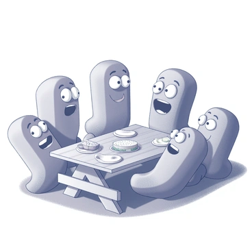 A group of cartoon colons gathered together for a family reunion. Each colon has a unique expression, portraying a range of emotions such as joy, surprise, and laughter. They are arranged in a semicircle, with some leaning toward one another as if engaged in conversation. Each colon features distinct facial features, such as wide eyes and curved mouths, emphasizing their differing reactions. The background includes a picnic table with various food items, contributing to the festive atmosphere of the reunion.