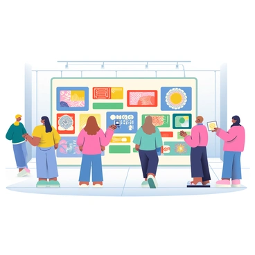 An interactive serigraph installation is set up in a spacious gallery. The installation features a large, colorful display of printed silk screens that are arranged in a semi-circle. Viewers are standing around the installation, engaging with the artwork by pulling prints from a series of stations. Each viewer has a different print in their hands, showcasing vibrant colors and intricate patterns. The background is filled with soft, diffused lighting that accentuates the textures of the prints. The atmosphere is lively, with participants discussing their experiences and admiring the artwork.