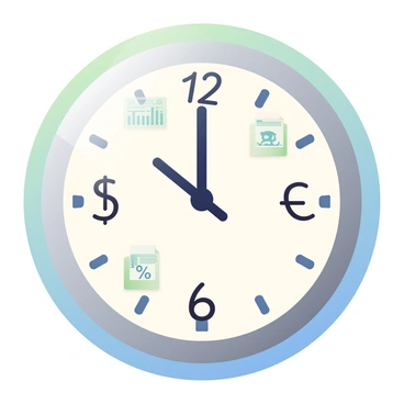 A round clock with a sleek silver frame is displayed prominently. The clock face has black hands that point to the time, while the numbers have been replaced by various financial symbols. The symbols include a dollar sign "$", a euro sign "€", a yen sign "¥", and a percentage symbol "%". Additionally, there are small documents with graphs and charts positioned at various hour markers around the clock face. The background of the clock features a subtle gradient from light green at the top to a soft blue at the bottom, enhancing the financial theme.