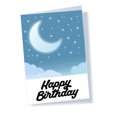 A birthday card features a night sky filled with "twinkling stars" scattered across a deep blue backdrop. The stars are depicted in various sizes, creating a sense of depth and wonder. A large crescent moon is positioned prominently, casting a gentle glow over the scene. Below the night sky, there is a soft landscape silhouette, adding contrast to the celestial display. The card includes the text "Happy Birthday" in elegant lettering, placed towards the bottom of the design.