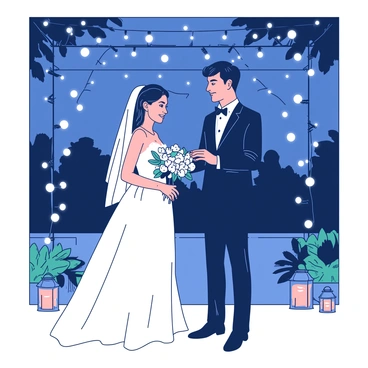 A couple stands beneath a canopy of twinkling fairy lights during an evening ceremony. The bride, wearing a flowing white gown with delicate lace details, holds her bouquet of fresh flowers in one hand. The groom, dressed in a sharp black suit, gazes affectionately at the bride. They are both smiling as they exchange shiny silver rings, symbolizing their commitment. The soft glow of the fairy lights illuminates their faces, creating a romantic atmosphere. The surrounding area is adorned with greenery and small lanterns, enhancing the intimate setting.