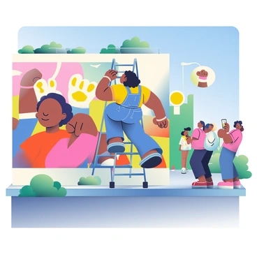 A woman with dark skin and curly hair is standing on a ladder, painting a vibrant mural on a large city wall. She is wearing a bright yellow t-shirt and denim overalls. The mural features bold colors and designs that illustrate themes of empowerment and community, including raised fists and interconnected figures. Paint splatters are visible on her hands and the ground. Nearby, a small group of people is watching her work, some taking pictures and others discussing the artwork. The city street is lined with greenery, and the sky above is clear and blue.