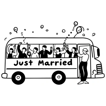 A party bus filled with wedding guests. They are wearing formal attire, with some holding glasses raised in a toast. Streamers and balloons are decorating the interior of the bus. Guests are dancing and laughter is evident in their poses. Outside the windows, a blurred cityscape indicates they are moving along a road. The words "Just Married" are displayed on the back of the bus, emphasizing the festive atmosphere.