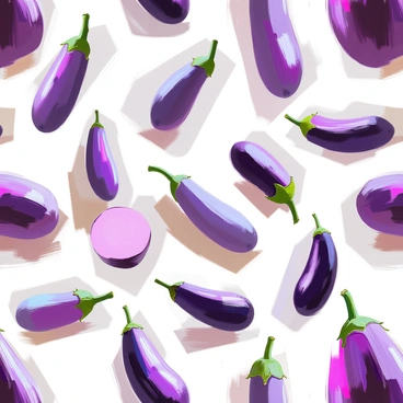 A repeating pattern featuring aubergines, showcasing a variety of shades of purple, from deep violet to lighter lavender tones. Each aubergine is presented with a glossy texture, highlighting the smooth skin and unique shapes. The pattern includes different orientations of the aubergines, some standing upright while others are tilted or lying down. The background is a subtle, contrasting color to enhance the richness of the purple hues. The arrangement creates a harmonious flow throughout the design.