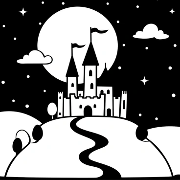 A fairytale castle perched atop a verdant hill under a moonlit sky