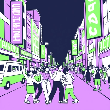 A bustling city street at night, filled with people walking and mingling. On both sides of the street, there are tall buildings adorned with large neon signs displaying various advertisements and shop names. The ground is wet, reflecting the vibrant lights from the signs and streetlights. A couple of food trucks are parked along the sidewalk, with people gathered around them enjoying late-night snacks. Cars are driving by, their headlights cutting through the darkness. In the foreground, a group of friends are laughing and taking pictures with their phones, creating a lively atmosphere.