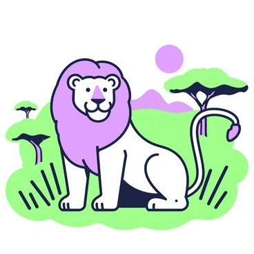 A lion is depicted sitting majestically in the savannah. The lion has a thick mane that flows around its head, showcasing a strong and powerful presence. Its body is muscular and sturdy, with a long tail curling behind it. The savannah grass surrounds the lion, with individual blades bending slightly in the wind. In the background, there are scattered acacia trees with distinct shapes and silhouettes against the sky. A distant range of hills can be seen, adding depth to the landscape, and the sun is positioned low on the horizon, casting long shadows across the scene. The entire image is captured on an A3 illustration board, emphasizing the details and textures of the lion and its environment.