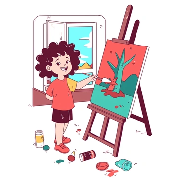 A small child with curly hair is standing at an easel, holding a large paintbrush in their right hand. The child's face is lit up with joy as they create a colorful painting filled with swirling shapes and bright colors. The easel stands in front of a white canvas, which depicts a vibrant landscape with a giant teal tree and a sky painted in shades of red. Around the child, there are various paint tubes scattered on the ground, in colors of orange and blue, adding to the chaotic creativity of the scene. The sunlight filters through the window, illuminating the child's delighted expression as they immerse themselves in their artistic world.