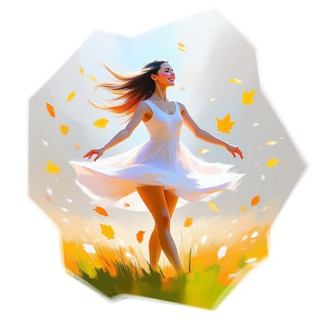 A graceful dancer with flowing long hair is captured mid-motion as she swirls through an open field. She is wearing a light, flowing white dress that billows around her with the gusts of wind. Leaves are scattered around her, dancing in the air, creating a sense of movement and energy. The dancer's expression is one of joy and freedom as she spins, her arms extended gracefully. The bright green grass of the field is beneath her feet, contrasting with the warm hues of autumn leaves swirling around her.