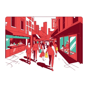 A red city street is bustling with a diverse crowd of people walking in various directions. In the foreground, a group of individuals is engaging in conversation while holding shopping bags. To one side, a teal storefront displays vibrant products, with an open door inviting customers inside. A food vendor stands nearby, serving colorful snacks to a line of eager customers. Bright banners decorate the buildings, adding to the lively atmosphere of the street. In the background, tall buildings loom, and a few trees provide scattered greenery among the urban scene.