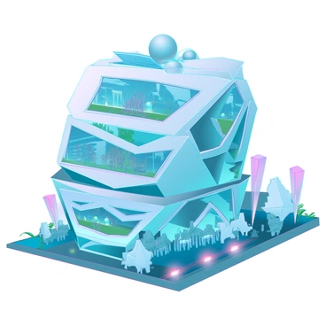 A futuristic building with a sleek, metallic exterior featuring multiple angular facets. The structure is adorned with intricate geometric patterns that create a sense of depth and complexity. Large, transparent windows reflect the sky, allowing glimpses of the interior filled with organic shapes and vibrant greenery. The roof is designed with layered terraces, incorporating solar panels and greenery to enhance sustainability. Surrounding the building, there are futuristic light fixtures and landscaped gardens featuring sculptural elements, adding to the cutting-edge aesthetic.