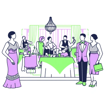 A grand gala event is taking place in an elegantly decorated venue. Guests are mingling and enjoying the festivities, each adorned in fashionable attire inspired by art deco. A woman is wearing a sparkling, intricately designed gown with fringes, while a man beside her is dressed in a sharp tuxedo with a patterned bow tie. An ornate chandelier hangs from the ceiling, casting a warm light over the scene. Tables are set with luxurious tablecloths, adorned with green and purple centerpieces and an array of appetizers. In the background, a live band is playing music, with musicians dressed in vintage attire. The atmosphere is filled with laughter and conversation as guests celebrate.