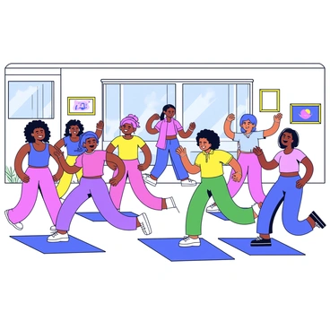 A lively group of individuals engaging in a Zumba class inside a community center. The participants have a range of skin tones and hairstyles, wearing colorful, comfortable workout clothes. They are moving energetically, smiling, and following an instructor who is positioned at the front, demonstrating dance steps. The room has large windows allowing natural light to fill the space, and there are fitness mats scattered on the floor. A few motivational posters are visible on the walls.