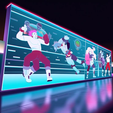 A large mural spanning the entire wall features a series of dynamic illustrations capturing famous wrestling moments and legendary wrestlers. The mural includes a powerful wrestler in a classic pose, lifting his opponent above his head, showcasing immense strength and athleticism. Nearby, a well-known wrestler performs a high-flying aerial move, their body in mid-air with dramatic action lines emphasizing the movement. The mural also depicts iconic wrestling legends with distinct costumes and expressions, each showcasing their unique fighting styles. Vivid colors enhance the energy of the scene, making the characters and actions stand out against the background. Bright lights illuminate the artwork, giving it a lively, energetic atmosphere.