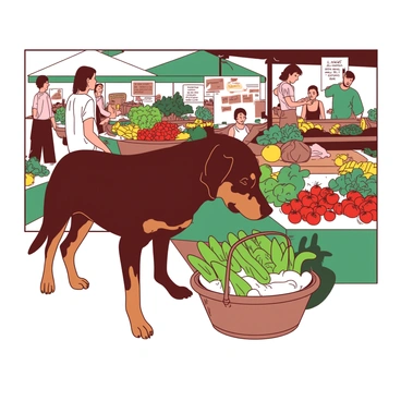 A brown rottweiler with a shiny coat is standing at a farmers market, eagerly sniffing fresh produce. Around the dog, there are vibrant stalls filled with various fruits and vegetables, including red tomatoes, green cucumbers, and yellow corn. The rottweiler's ears are perked up, and its nose is close to a basket overflowing with fresh herbs. People are milling about, some are chatting, while others are selecting produce. The scene is lively, filled with colorful baskets and displays of seasonal goods.