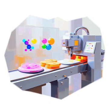 A factory assembly line is shown, with a series of machines working efficiently. Various enzymes are depicted as colorful representations, interacting with different substrates. The substrates are placed on a conveyor belt, moving steadily through the processing stations. Each workstation is equipped with advanced machinery designed for specific transformations, with outputs appearing as distinct, finished products. The setting is bright, showcasing the intricate details of each enzyme's interaction with the substrates as they are processed into the final goods.