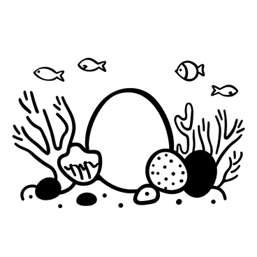 An egg resting on the ocean floor, surrounded by various types of corals. Some corals have branched patterns, while others are round and bushy. Several fish of different shapes and sizes swim near the egg, creating movement around it. The ocean floor is textured with sand and small pebbles, enhancing the underwater scene.