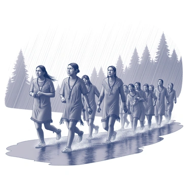 A group of Native Americans is depicted marching through a downpour. The figures are adorned in traditional clothing, showcasing a variety of fringed garments and accessories. Their expressions reflect determination and resilience as they navigate the muddy terrain. Raindrops fall heavily around them, creating ripples in the puddles at their feet. The backdrop includes a dense forest, where trees sway slightly in the strong wind, emphasizing the challenging conditions they face. The scene conveys a sense of unity and strength amid adversity.