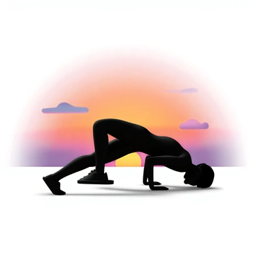 A silhouette of a person performing pike push-ups. The individual is positioned with their legs elevated and head down, demonstrating the exercise form. In the background, a vibrant sunset casts a spectrum of colors across the sky, with hues of orange, pink, and purple blending together. The sun is setting on the horizon, creating a vivid contrast between the dark silhouette and the brightly colored sky.