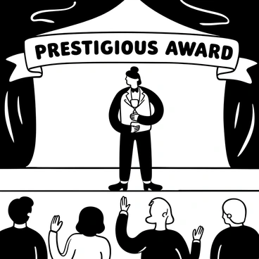 Simone Veil stands on a stage, elegantly dressed in formal attire. She holds a prestigious award in her hands, which is prominently displayed. The background features a large banner with the words "Prestigious Award" in bold lettering, flanked by decorative elements. A spotlight shines down on her, highlighting the details of her outfit. There are audience members in the foreground, seated and looking on in admiration, with some holding applause. The scene captures a moment of recognition and celebration.