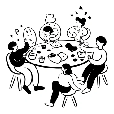 Children painting fanciful designs on large bread buns at a craft table