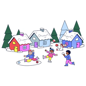 A winter village with snow-covered roofs. The houses are small and cozy, each with colorful decorations. Twinkling lights are draped along the eaves of the buildings, casting a warm glow. Children are playing in the snow, building a snowman and having a snowball fight. The ground is blanketed in white snow, and there are tall evergreen trees in the background, also dusted with snow.
