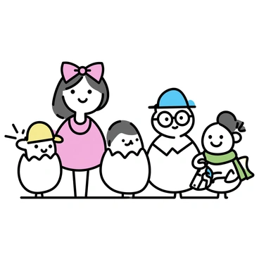 A family of cartoon eggs, each with different drawn faces and unique accessories. The mother egg, with a smiley face, is wearing a red bow on top and a pink necklace. The father egg has a friendly grin and is sporting a blue hat and glasses. One child egg features a joyful expression, adorned with a yellow cap and a small backpack. Another child egg has a playful face, wearing a green scarf and holding a toy. All the eggs are standing together in a cheerful pose.