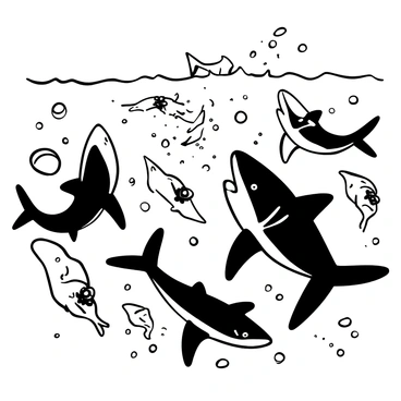 A group of sharks swimming aggressively near the surface of the water, their bodies in various positions as they lunge towards a school of fish. Bubbles and splashes are visible around them, creating an impression of intense movement. The sharks display different sizes and shapes, with their fins prominently breaking the surface. A scattering of fish can be seen being disturbed in the water, some darting away in different directions as the sharks chase after them. The scene captures the chaos of the feeding frenzy with sharp contrasts highlighting the sharks' sleek bodies.
