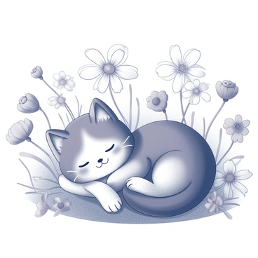 A cat is nestled comfortably among various wildflowers, with its eyes closed and a gentle smile on its face. The cat has a soft, fluffy fur texture and displays a relaxed posture, surrounded by a variety of wildflowers that have distinct shapes and sizes. The flowers are in full bloom, creating a lively scene with their multiple petals and intricate details. The background features more wildflower growth, contributing to the overall sense of a rich, natural environment.